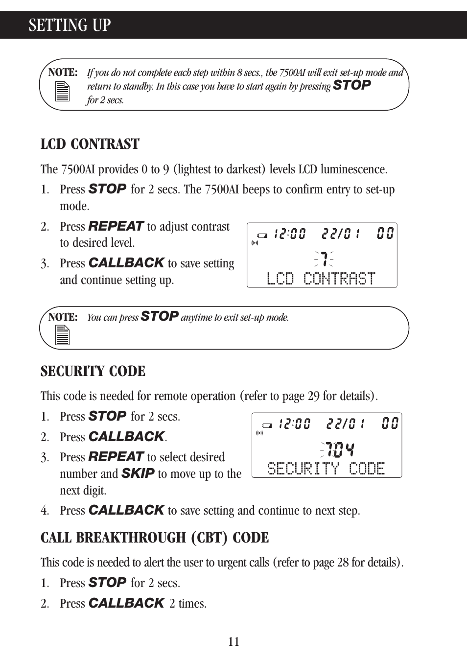 Setting up, Lcd contrast, Security code | Call breakthrough (cbt) code | Uniden 7500AI User Manual | Page 14 / 39