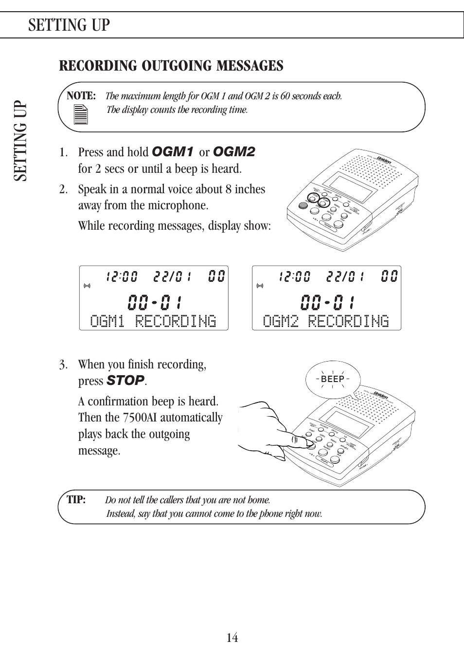 Ogm1 recording, Ogm2 recording, Warranty setting up setting up | Recording outgoing messages, For ogm1 for ogm2, Beep, Ogm1 ogm2 | Uniden 7500AI User Manual | Page 17 / 39