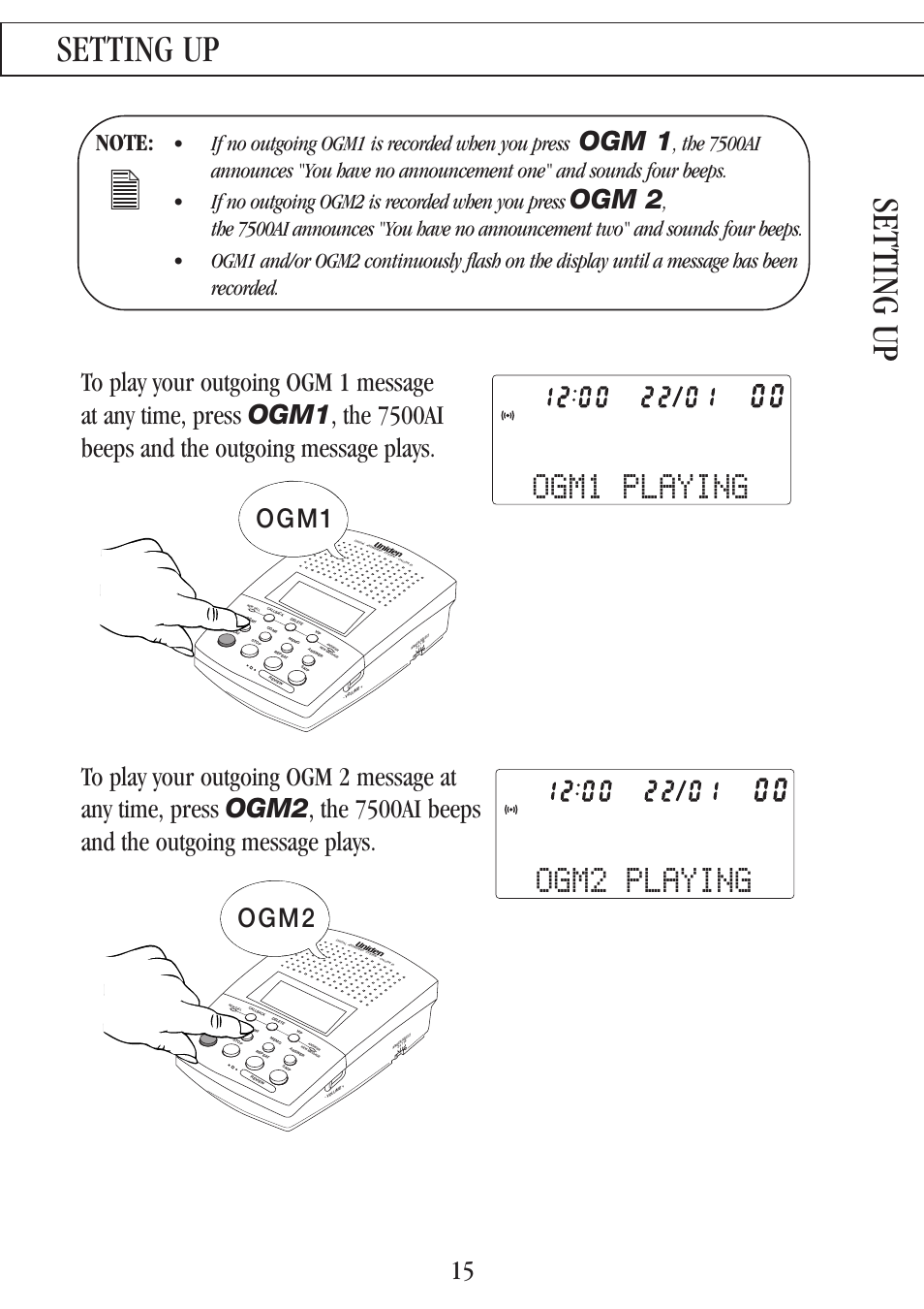 Setting up, Ogm2 playing, Ogm1 playing | Ogm 1, Ogm 2, Ogm2, Ogm1, If no outgoing ogm1 is recorded when you press | Uniden 7500AI User Manual | Page 18 / 39
