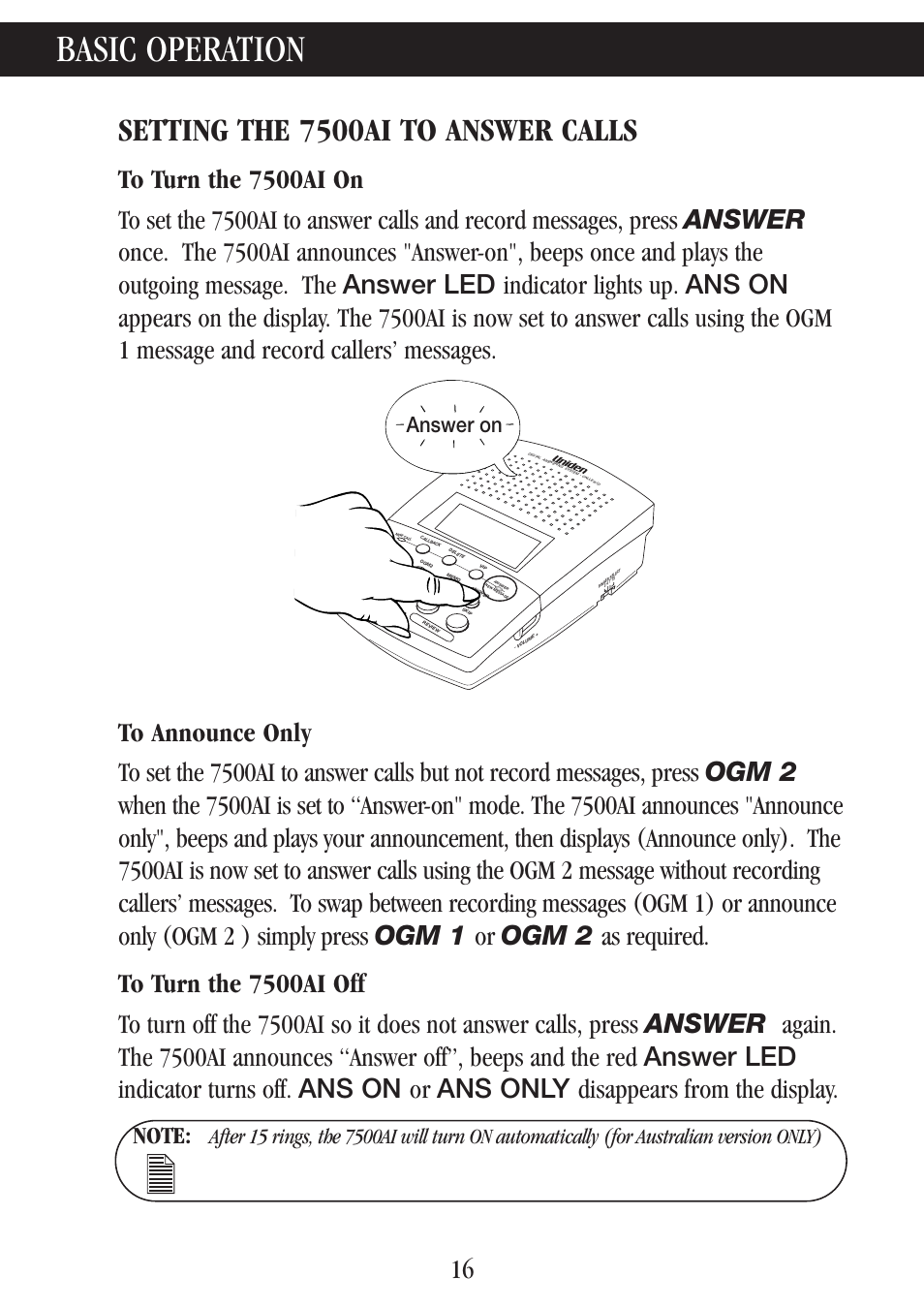 Basic operation, Setting the 7500ai to answer calls, Answer on | Uniden 7500AI User Manual | Page 19 / 39