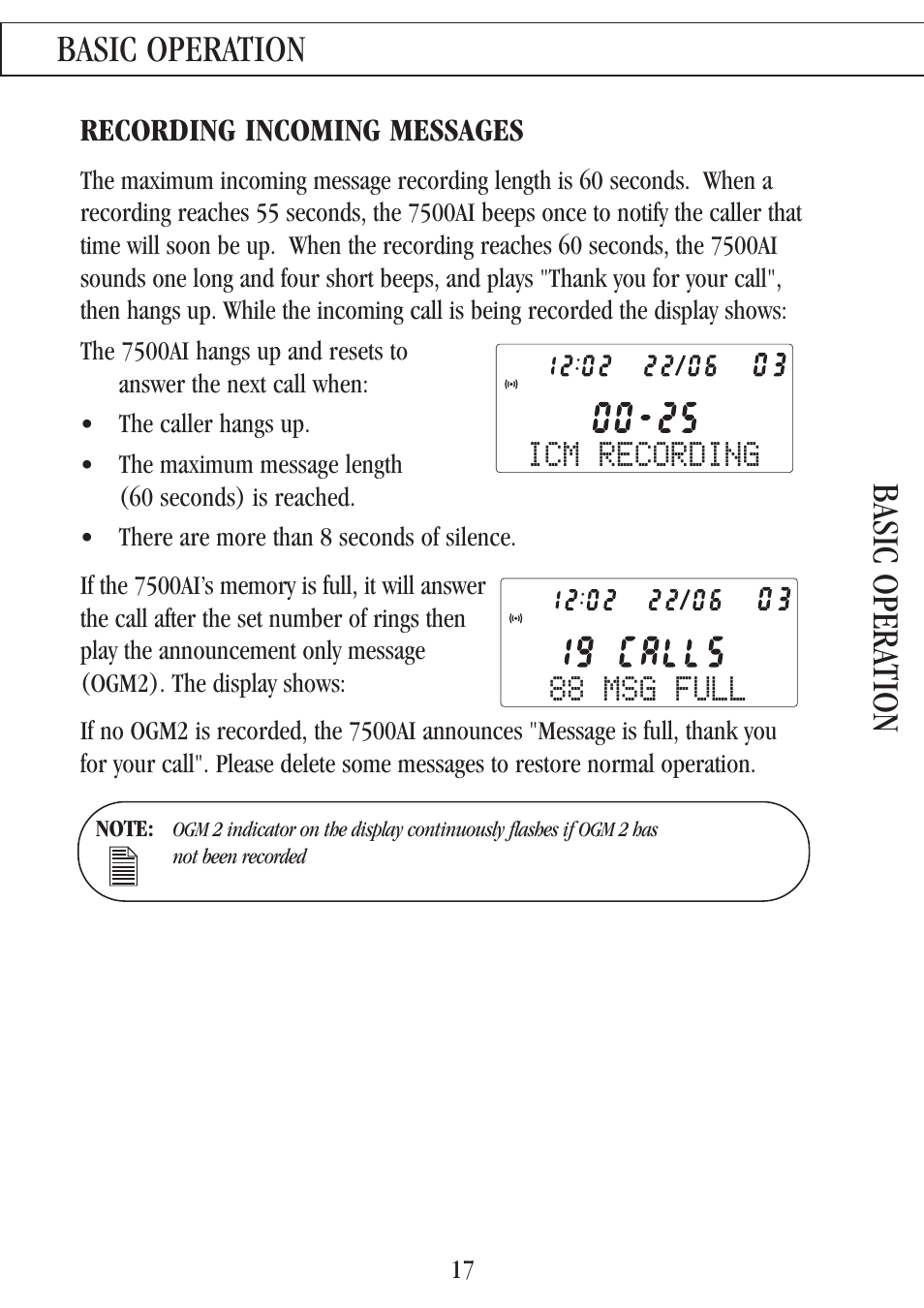 Basic operation basic opera tion, 88 msg full, Icm recording | Recording incoming messages | Uniden 7500AI User Manual | Page 20 / 39