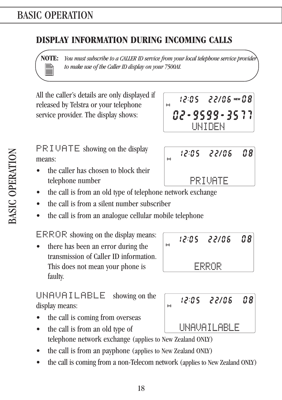 Uniden basic operation, Basic opera tion, Display information during incoming calls | Private, Error, Unavailable, The call is from an payphone, The call is coming from a non-telecom network | Uniden 7500AI User Manual | Page 21 / 39