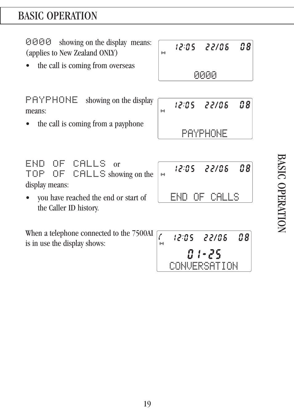 Basic operation basic opera tion, Conversation, Payphone | End of calls, Top of calls | Uniden 7500AI User Manual | Page 22 / 39