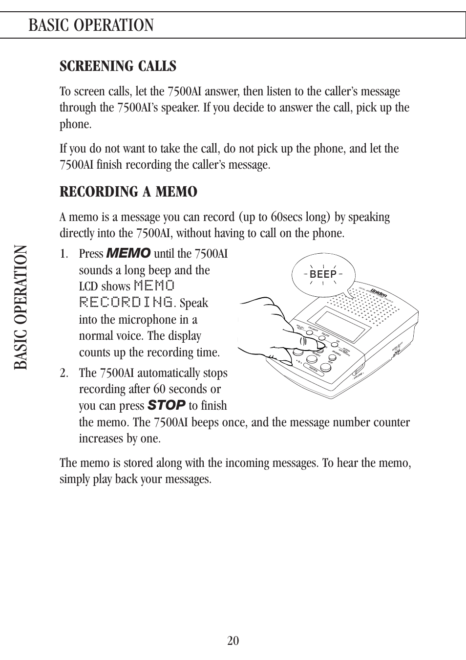 Basic operation, Basic opera tion, Screening calls | Beep | Uniden 7500AI User Manual | Page 23 / 39