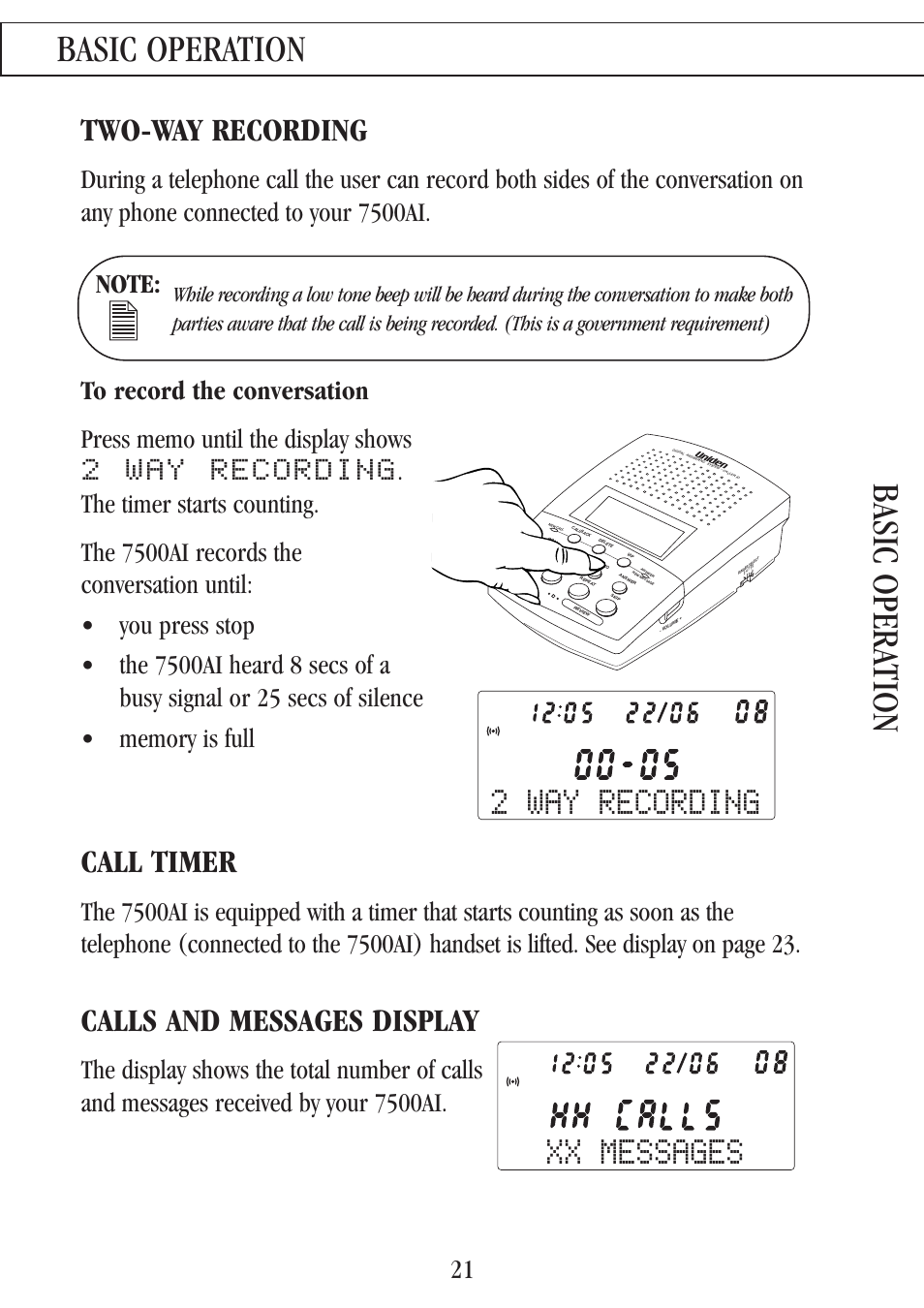 Basic operation basic opera tion, Xx messages, Two-way recording | 2 way recording, Call timer, Calls and messages display | Uniden 7500AI User Manual | Page 24 / 39