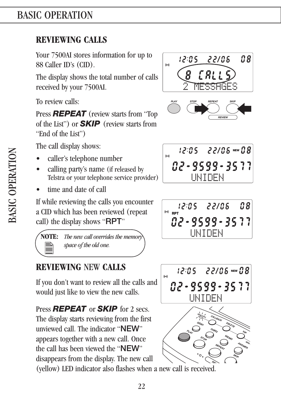 Basic operation, Basic opera tion, Uniden | 2 messages, Reviewing calls, Reviewing new calls | Uniden 7500AI User Manual | Page 25 / 39