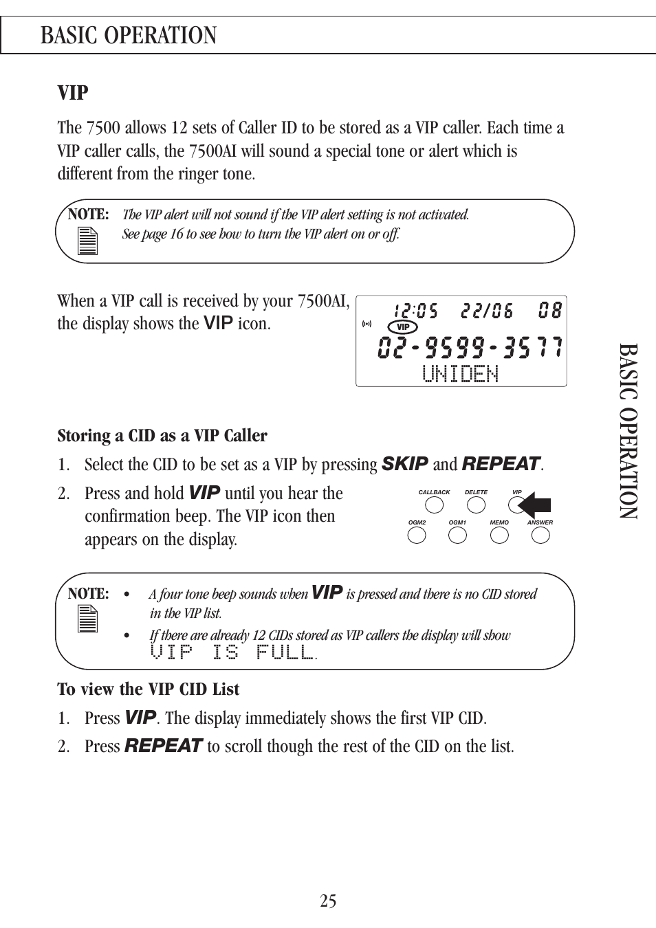 Basic operation basic opera tion, Uniden, Vip is full | Uniden 7500AI User Manual | Page 28 / 39