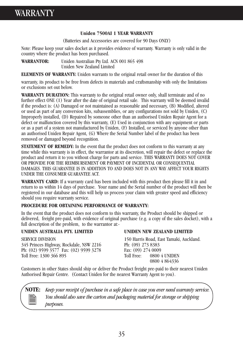 Warranty | Uniden 7500AI User Manual | Page 38 / 39