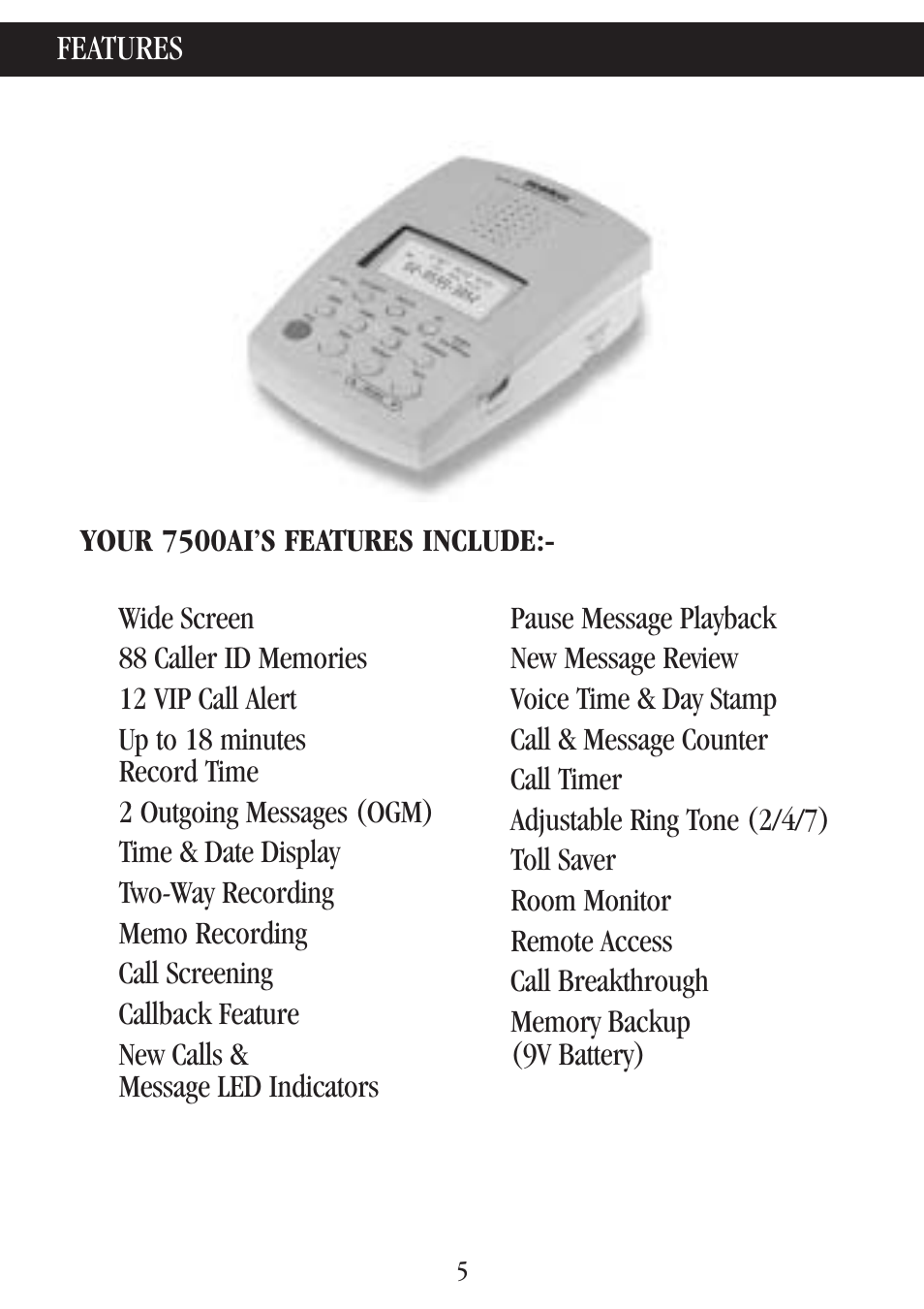 Features | Uniden 7500AI User Manual | Page 8 / 39