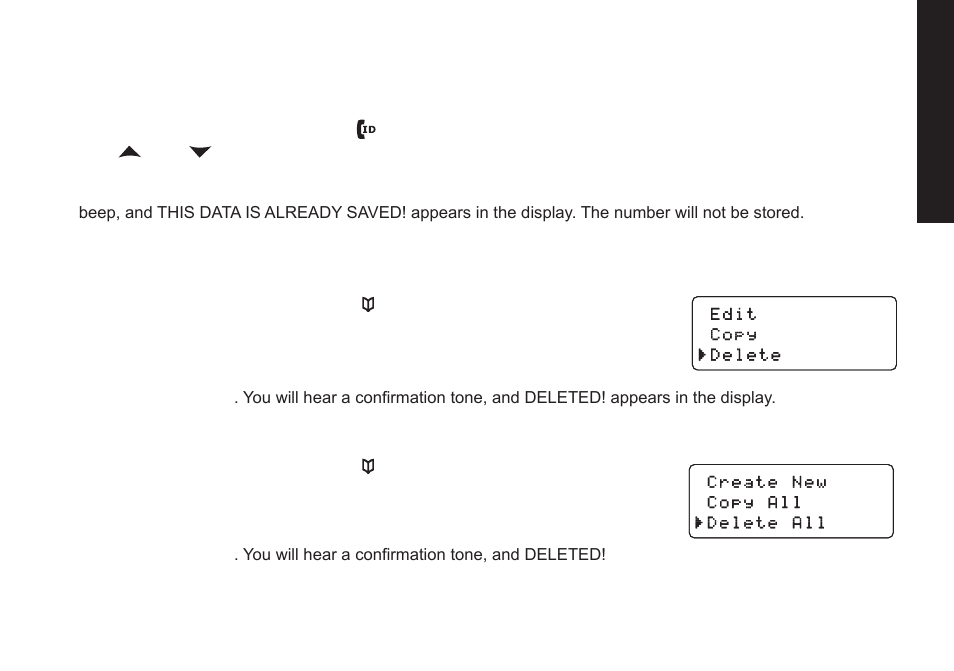 Deleting a single phonebook entry, Deleting all phonebook entries, Storing.caller.id.or.redial.numbers.in.the | Phonebook | Uniden DECT2085 User Manual | Page 29 / 72