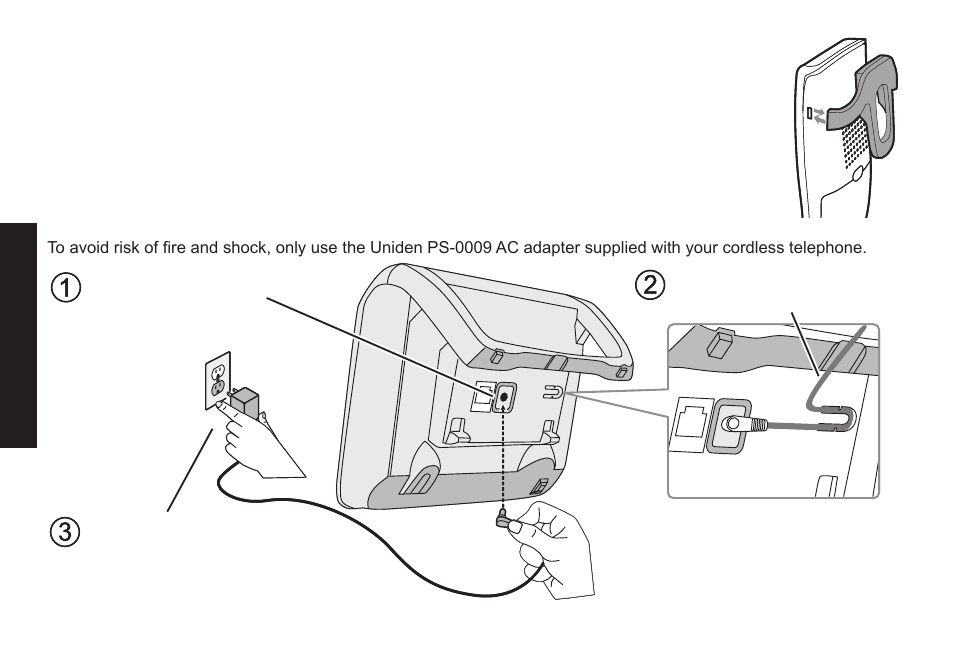 Installing the belt clip, Connecting the ac adapter, Installing.the.belt.clip connecting.the.ac.adapter | Uniden DECT2085 User Manual | Page 8 / 72