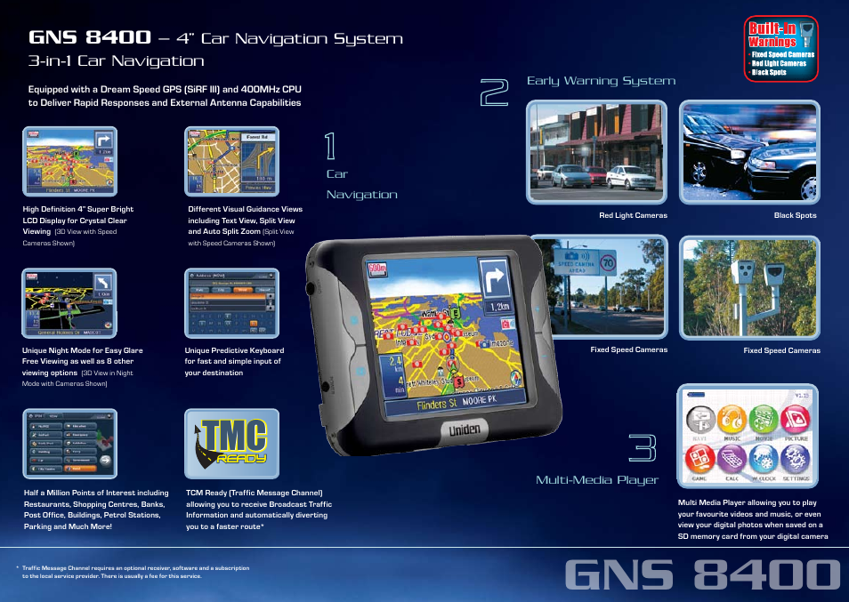 Gns 8400, 4” car navigation system 3-in-1 car navigation | Uniden GPS 501 User Manual | Page 3 / 7
