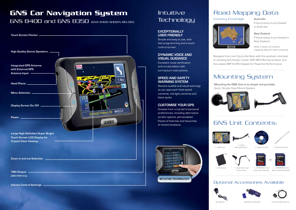 Gns car navigation system, Road mapping data, Gns unit contents: intuitive technology | Mounting system, Optional accessories available | Uniden GPS 501 User Manual | Page 4 / 7