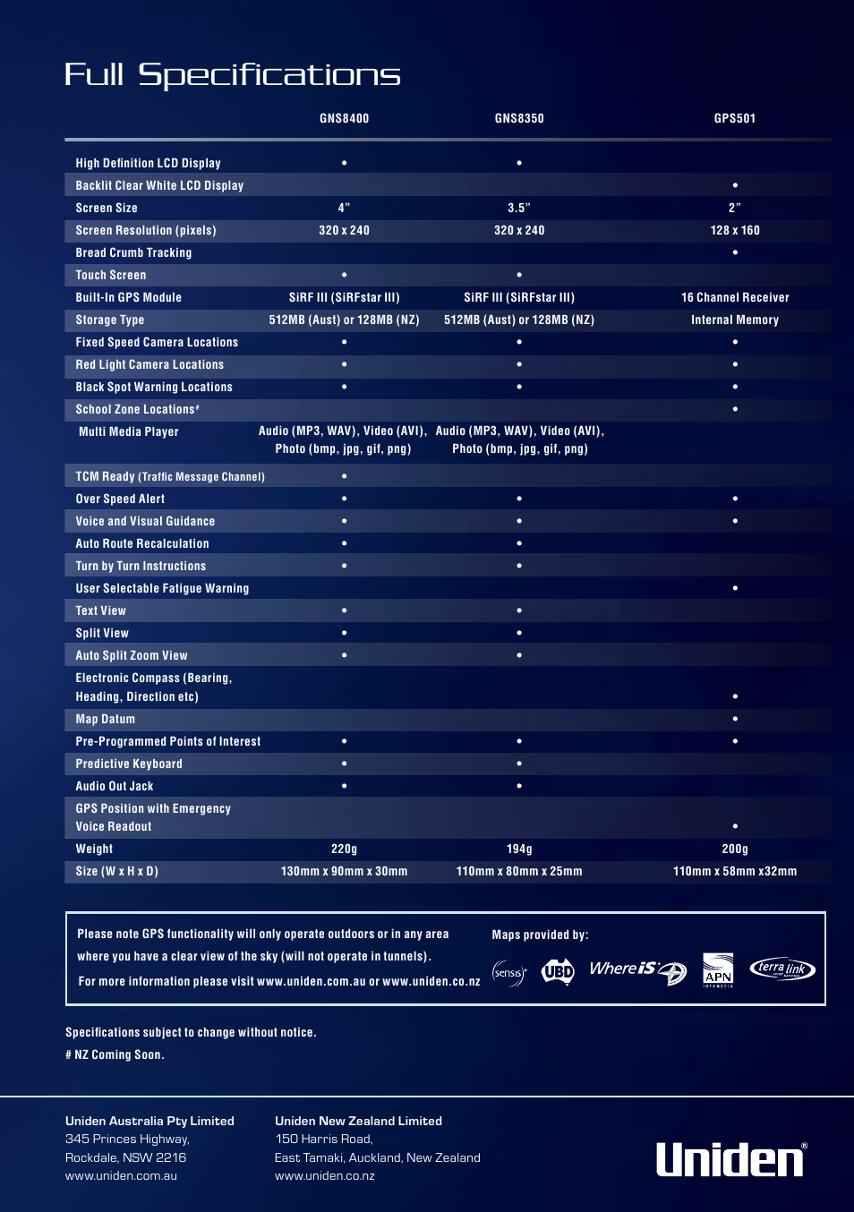 Full specifications | Uniden GPS 501 User Manual | Page 7 / 7