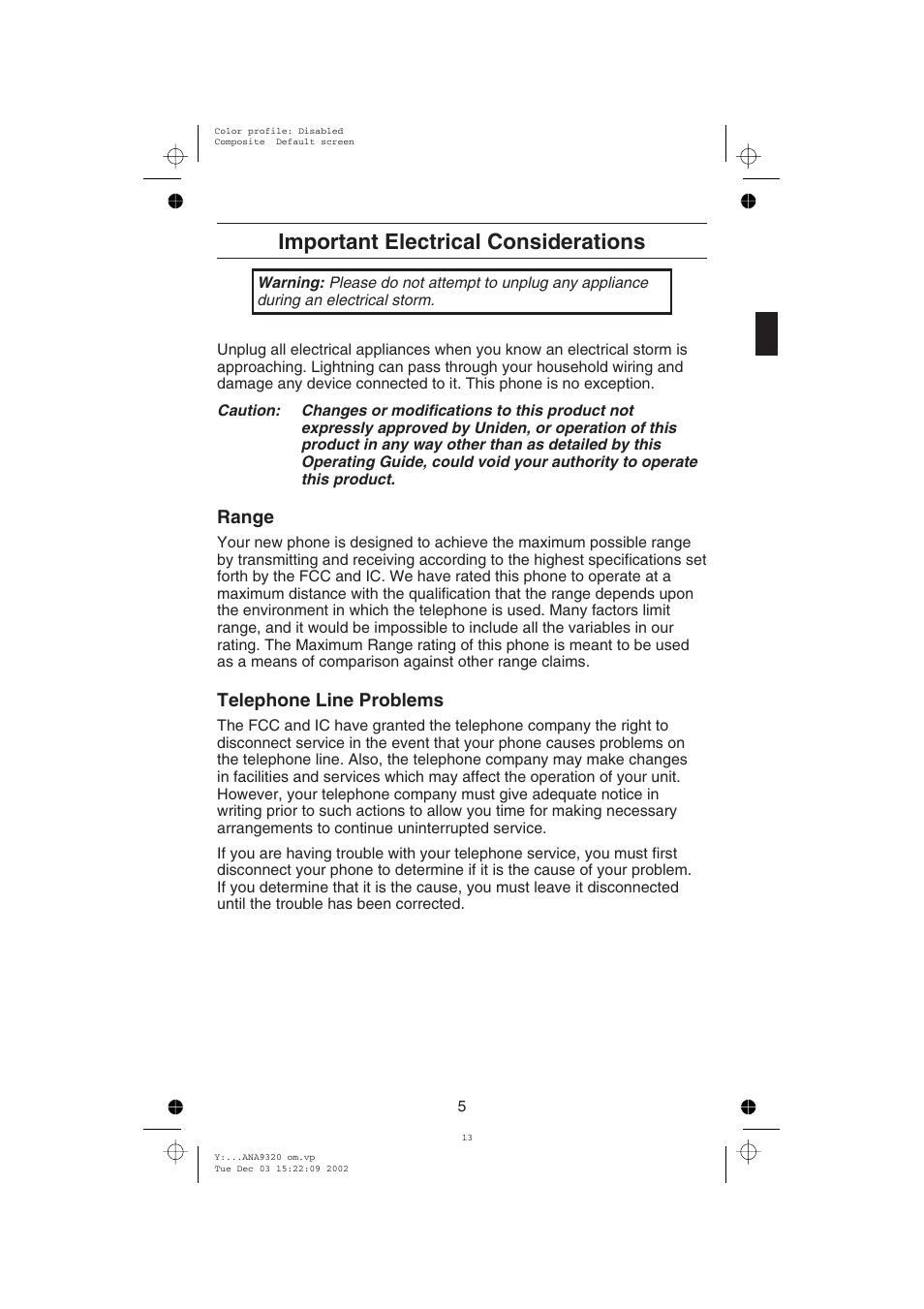 Important electrical considerations, Range, Telephone line problems | Uniden ANA9320 User Manual | Page 11 / 41