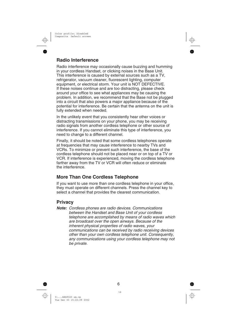 Radio interference, More than one cordless telephone, Privacy | Uniden ANA9320 User Manual | Page 12 / 41