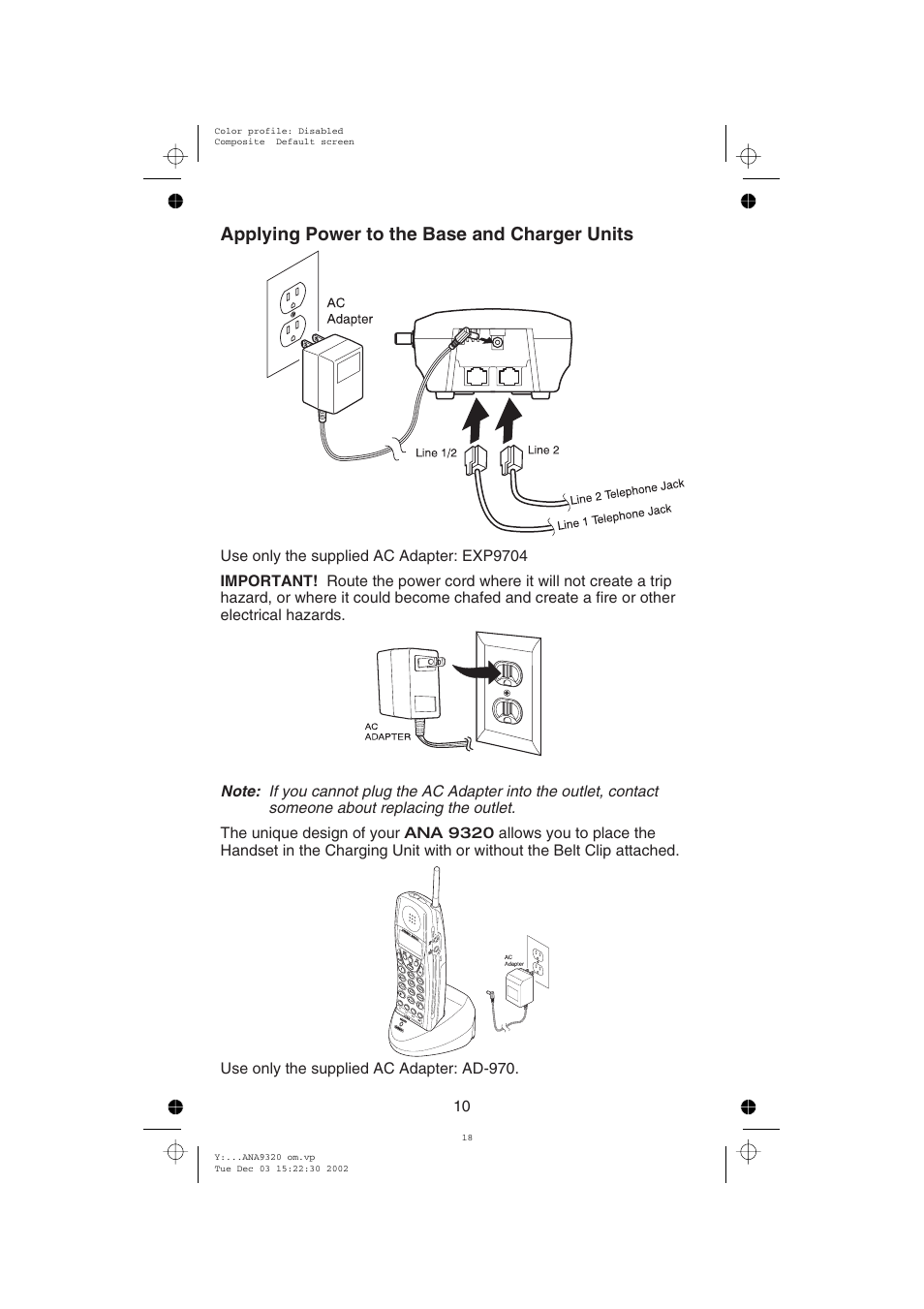 Applying power to the base and charger units | Uniden ANA9320 User Manual | Page 16 / 41