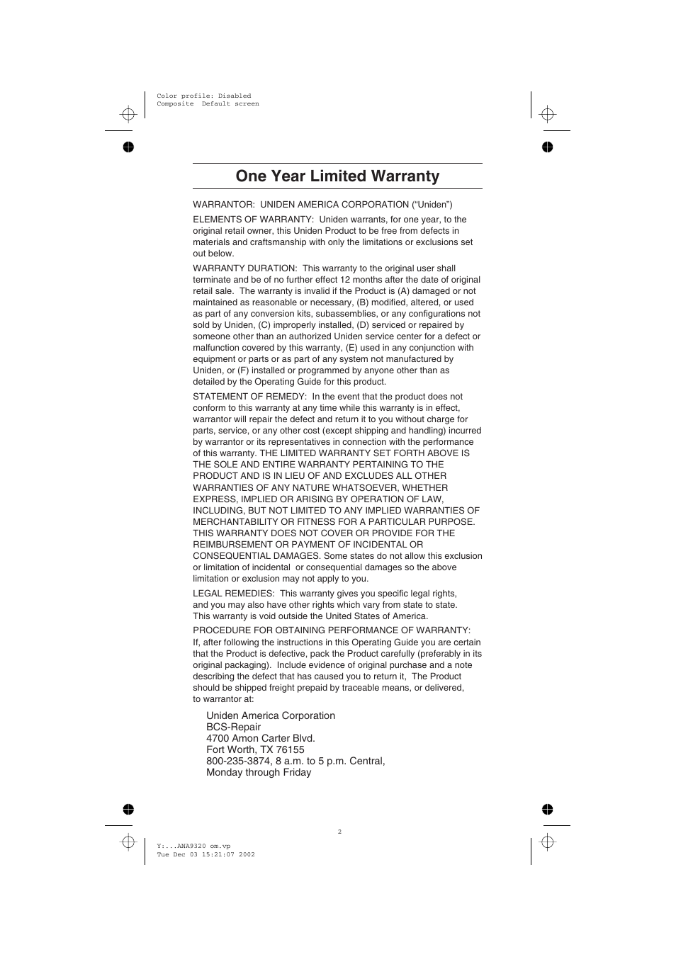 One year limited warranty | Uniden ANA9320 User Manual | Page 2 / 41