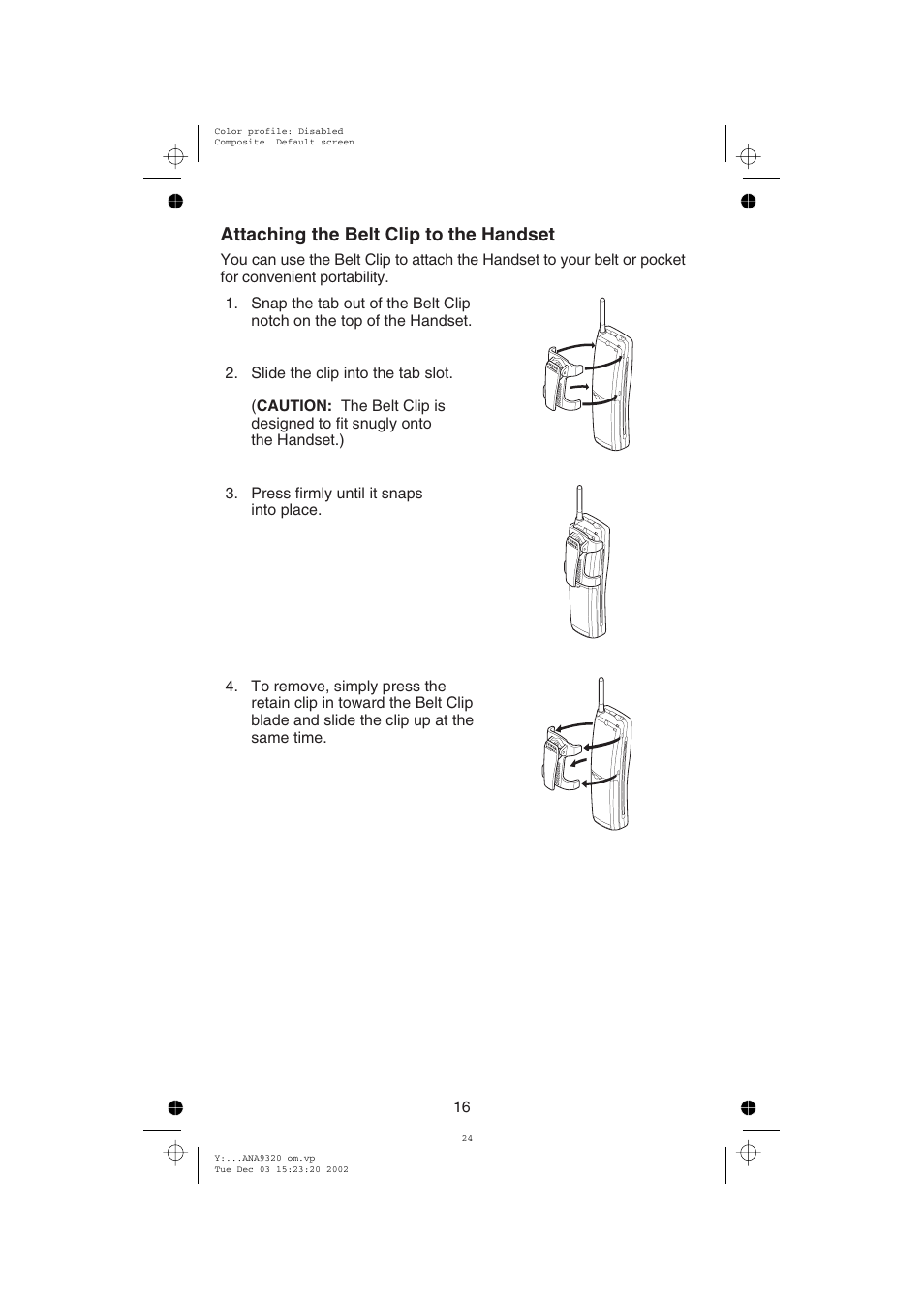 Attaching the belt clip to the handset | Uniden ANA9320 User Manual | Page 22 / 41