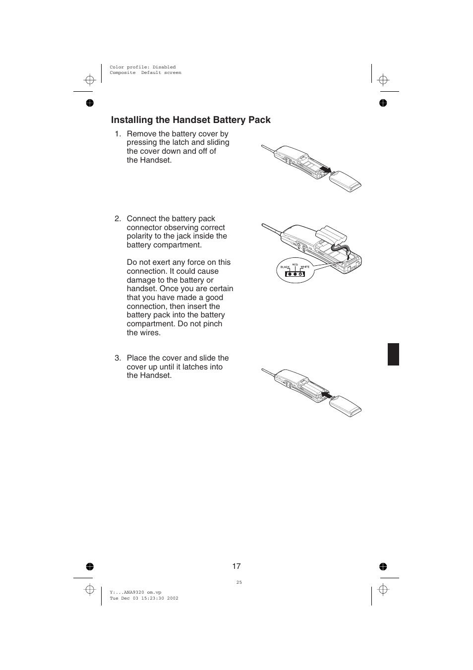 Installing the handset battery pack | Uniden ANA9320 User Manual | Page 23 / 41