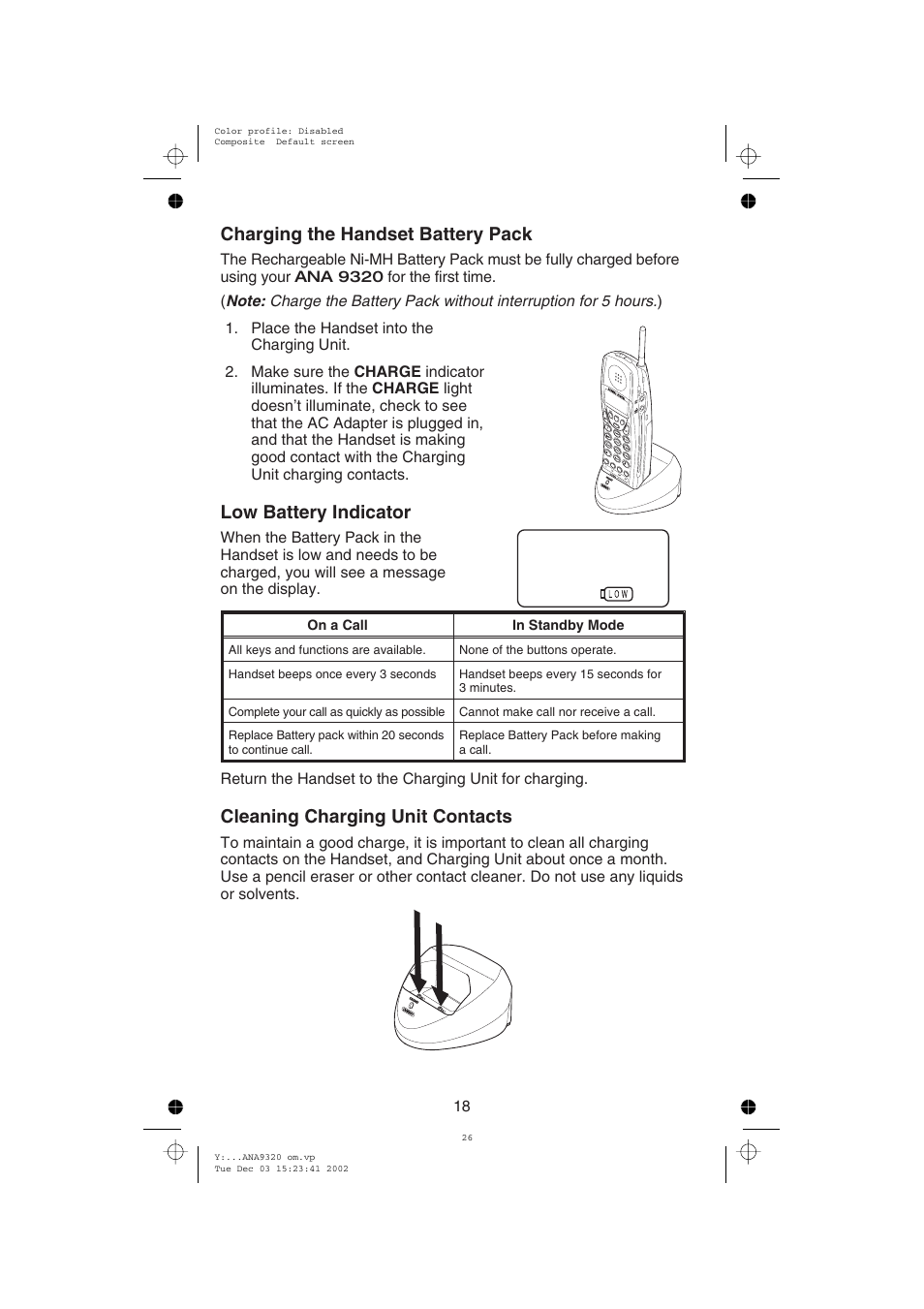 Charging the handset battery pack, Low battery indicator, Cleaning charging unit contacts | Uniden ANA9320 User Manual | Page 24 / 41