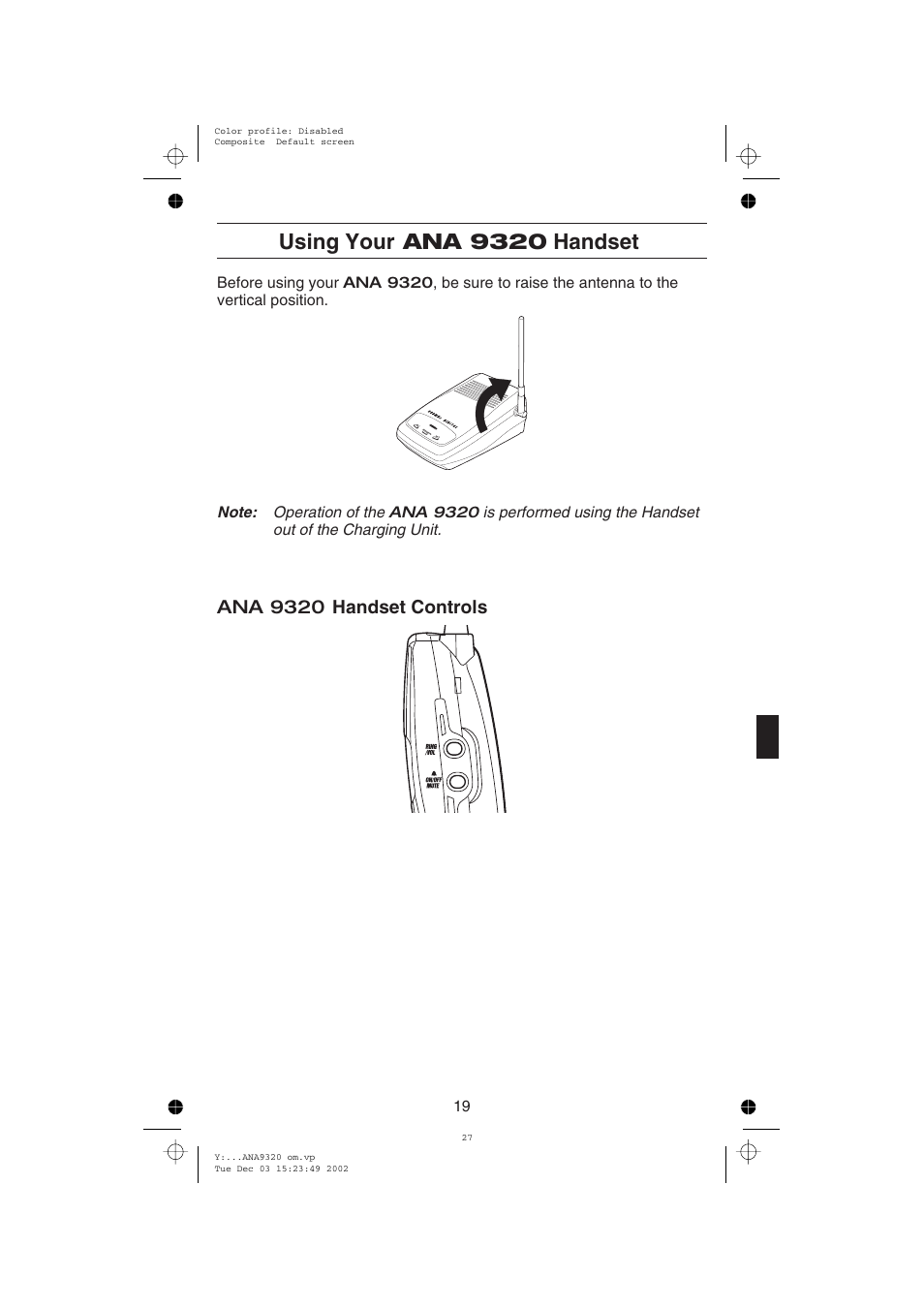 Using your ana 9320 handset, Ana 9320 handset controls | Uniden ANA9320 User Manual | Page 25 / 41