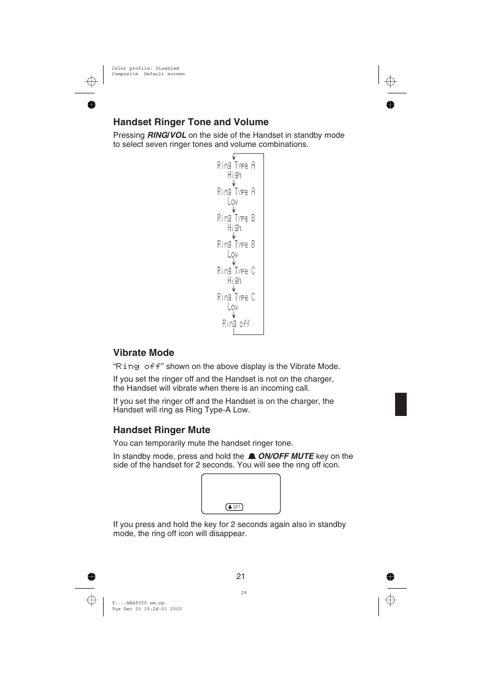 Handset ringer tone and volume, Vibrate mode, Handset ringer mute | Uniden ANA9320 User Manual | Page 27 / 41