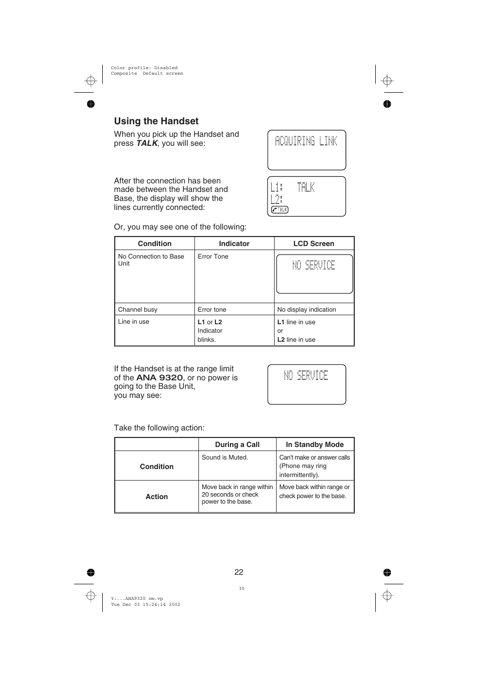 Using the handset | Uniden ANA9320 User Manual | Page 28 / 41