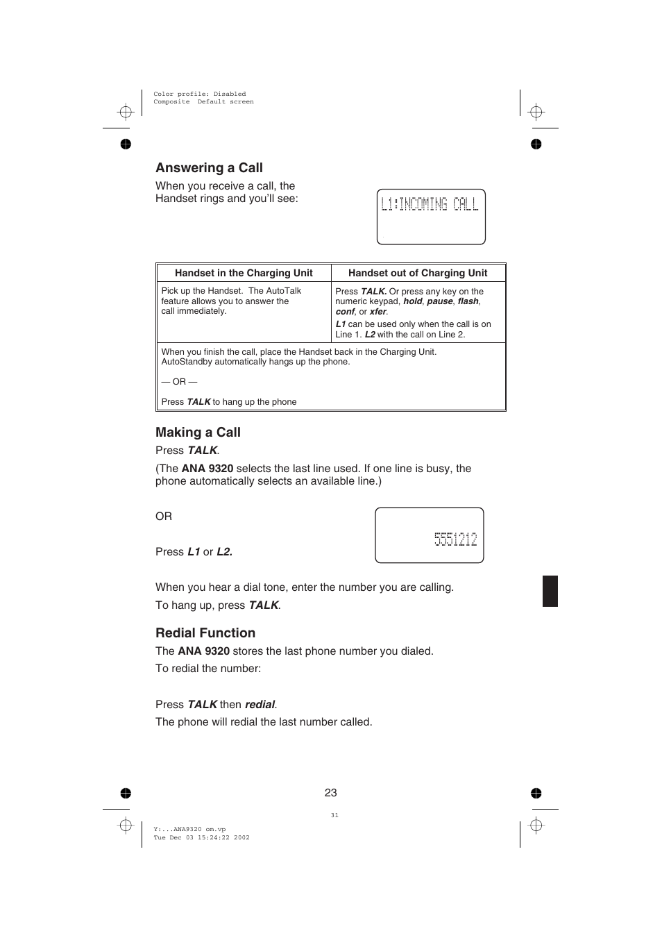 Answering a call, Making a call, Redial function | Uniden ANA9320 User Manual | Page 29 / 41