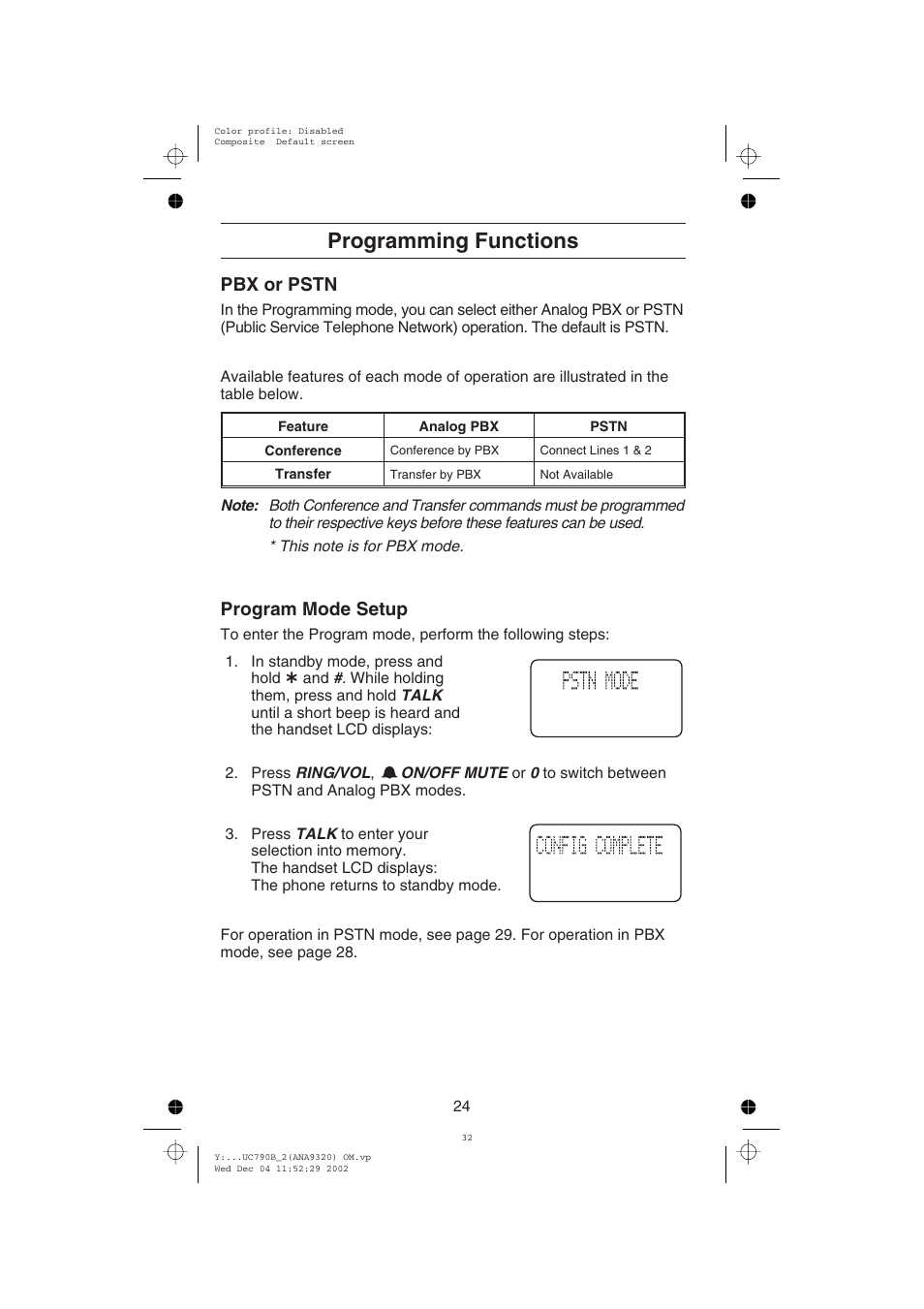 Programming functions, Pbx or pstn, Program mode setup | Uniden ANA9320 User Manual | Page 30 / 41