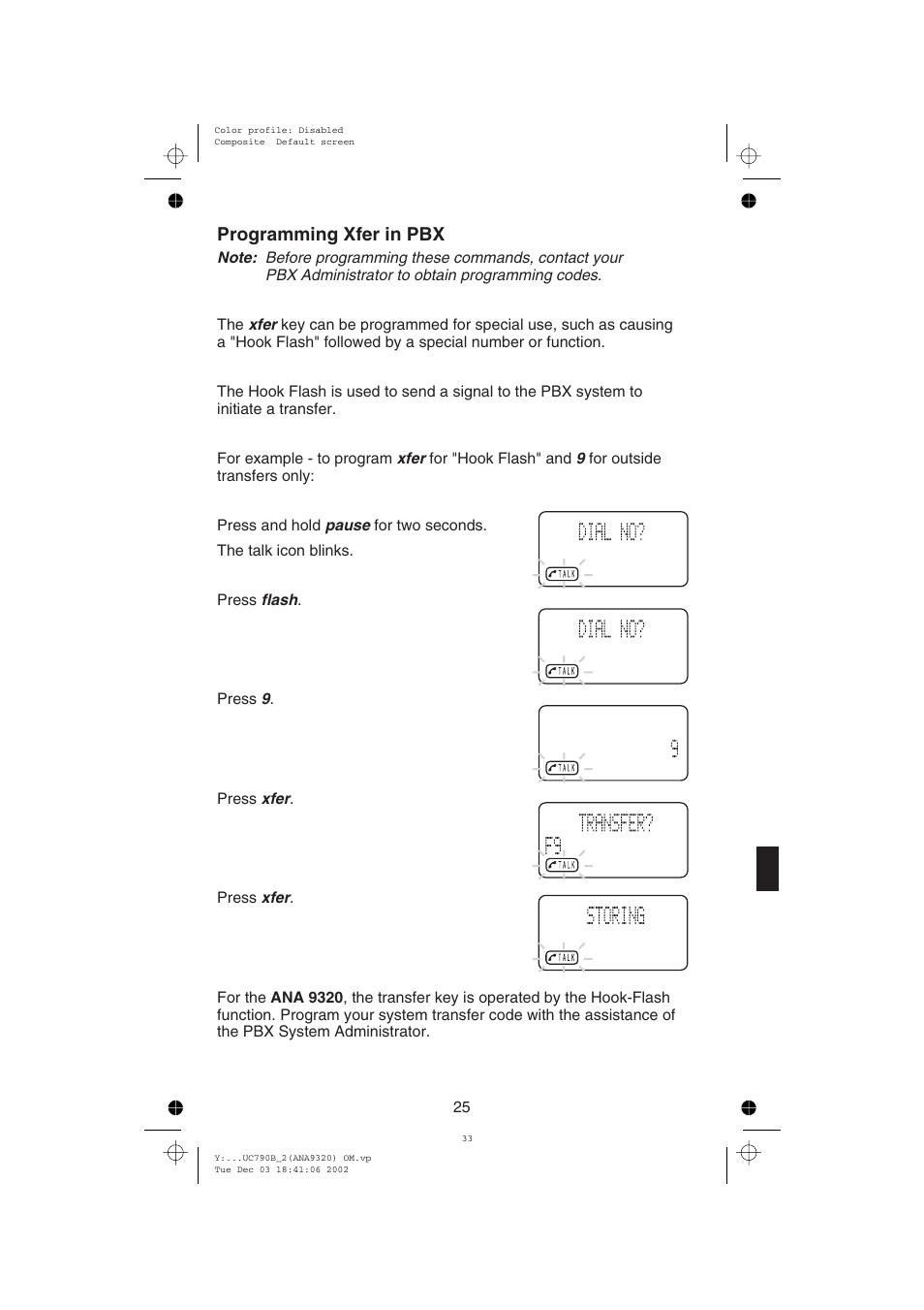 Programming xfer in pbx | Uniden ANA9320 User Manual | Page 31 / 41