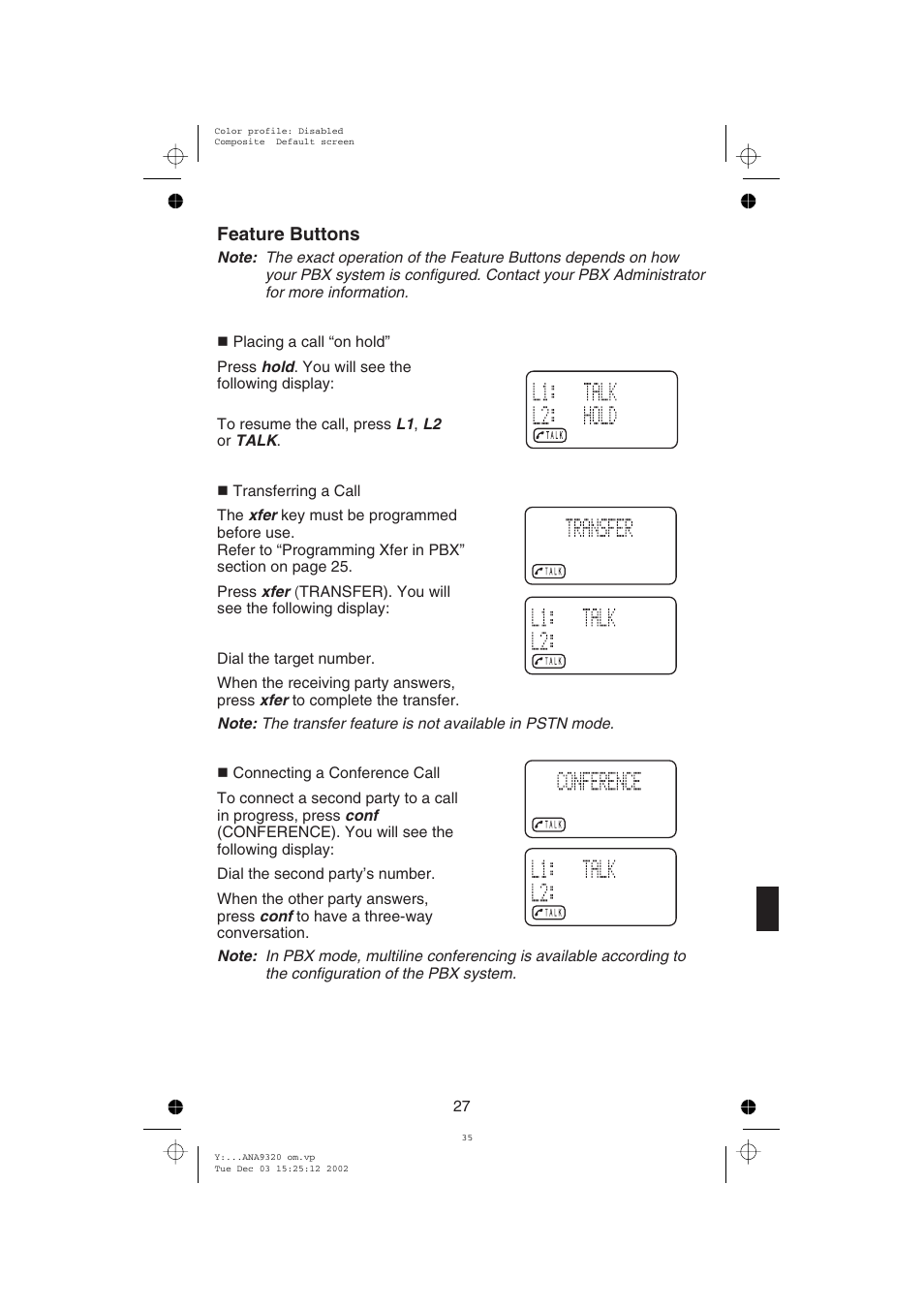 Feature buttons | Uniden ANA9320 User Manual | Page 33 / 41