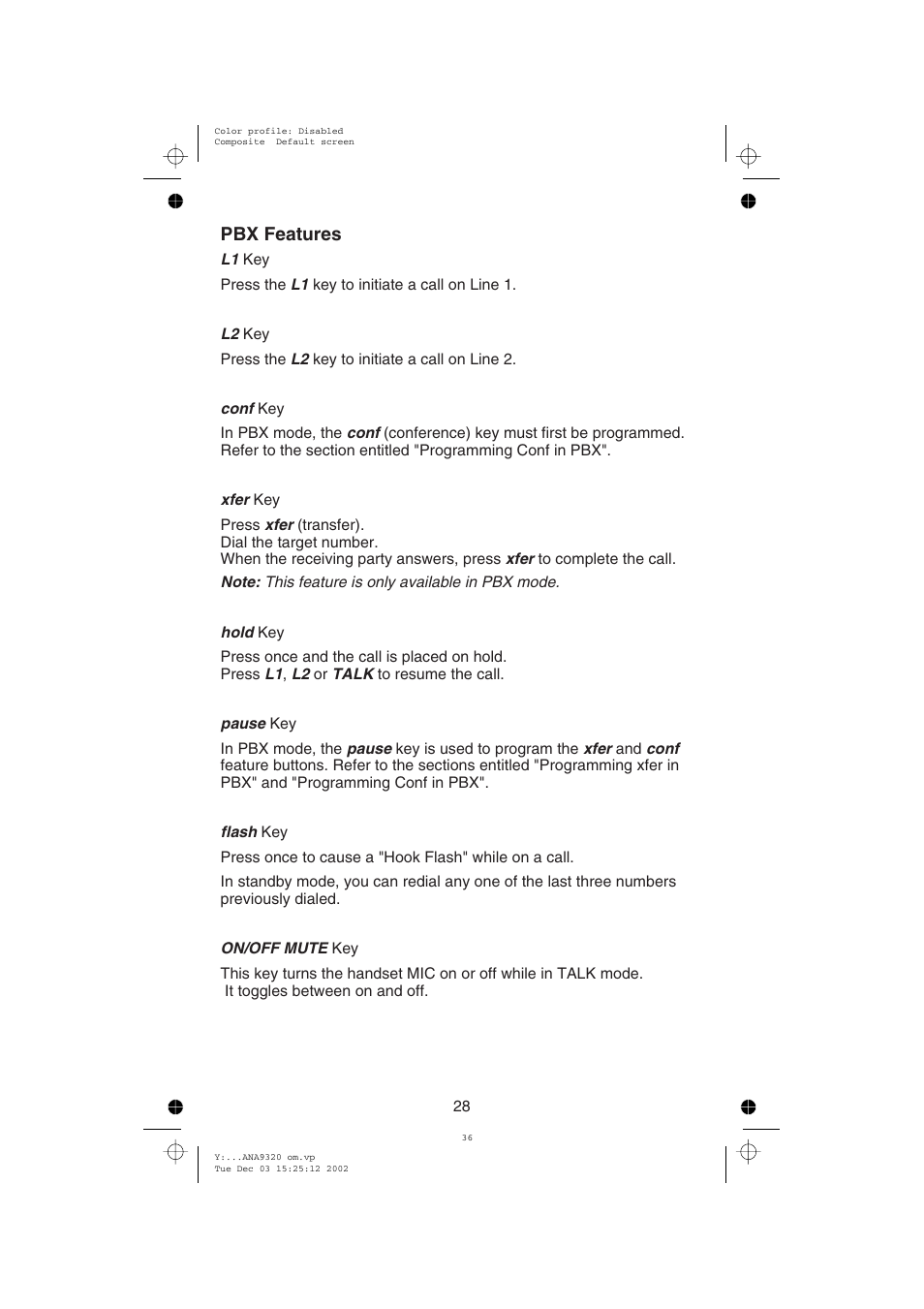 Pbx features | Uniden ANA9320 User Manual | Page 34 / 41