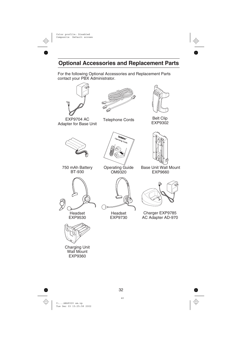 Optional accessories and replacement parts | Uniden ANA9320 User Manual | Page 38 / 41