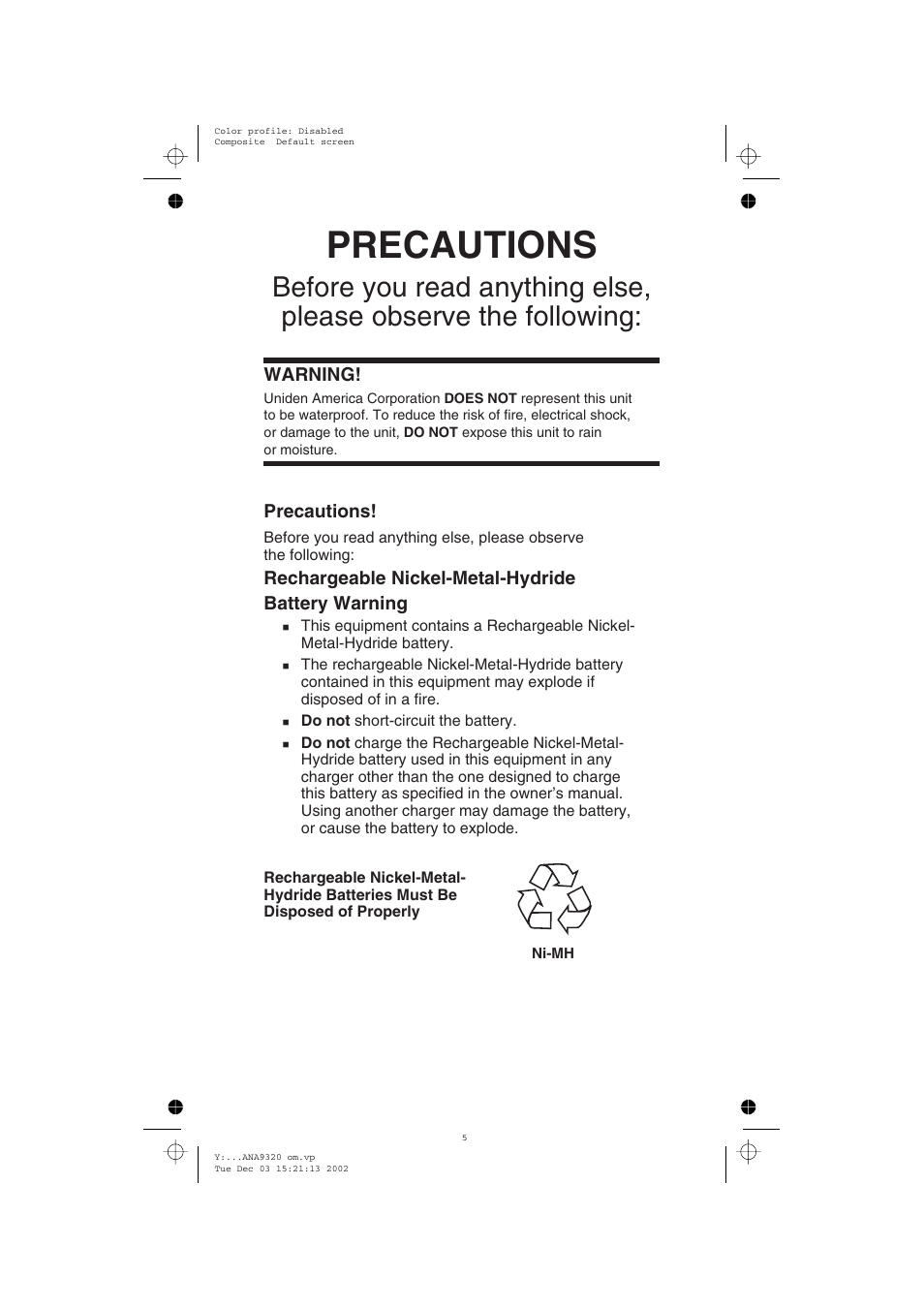 Precautions, Warning, Rechargeable nickel-metal-hydride battery warning | Uniden ANA9320 User Manual | Page 4 / 41