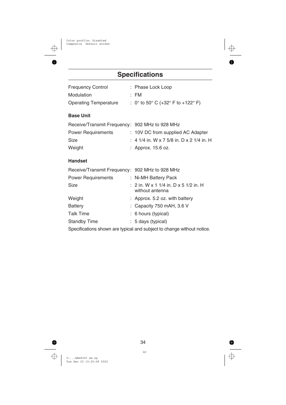 Specifications | Uniden ANA9320 User Manual | Page 40 / 41