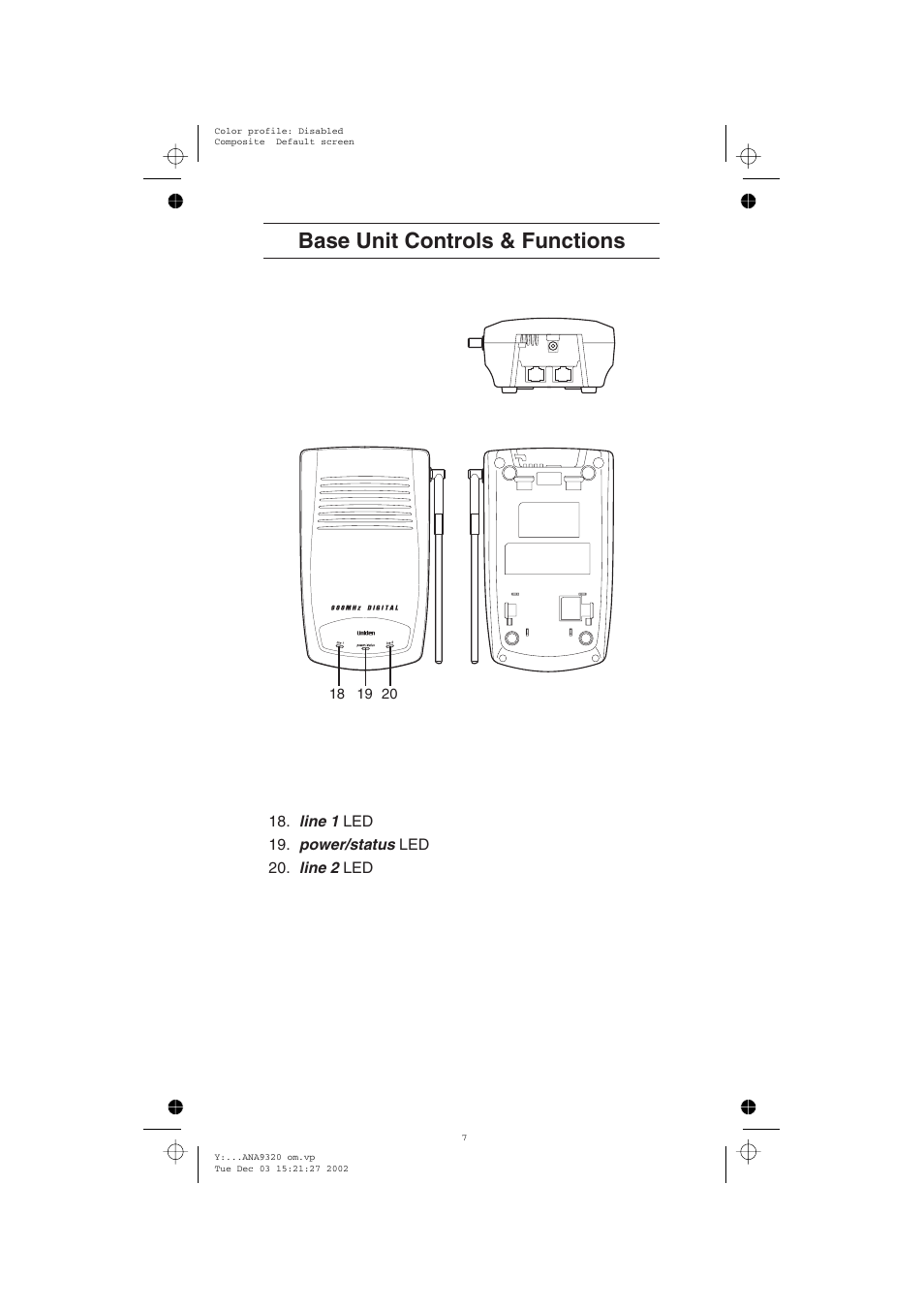 Base unit controls & functions | Uniden ANA9320 User Manual | Page 6 / 41