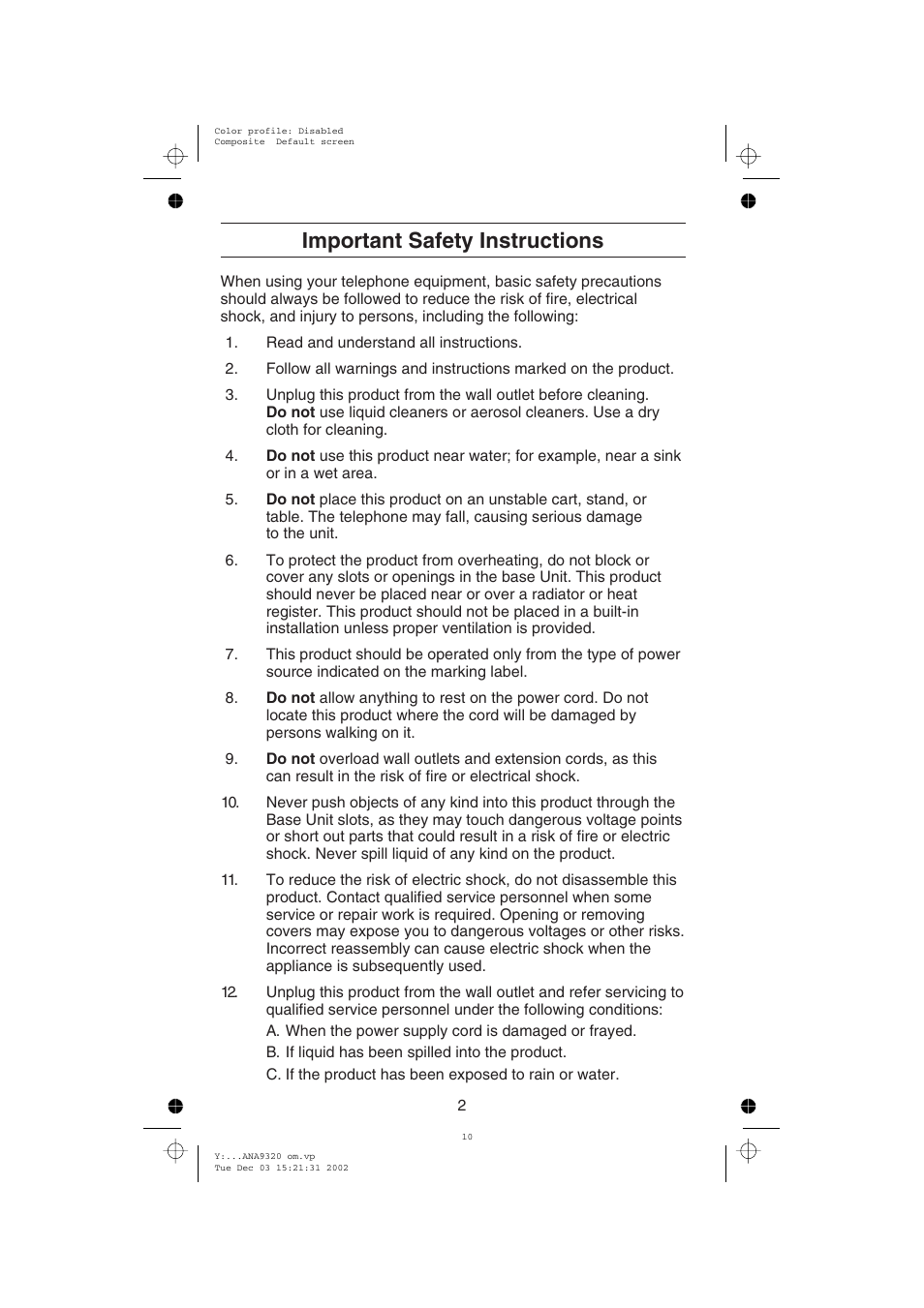 Important safety instructions | Uniden ANA9320 User Manual | Page 8 / 41