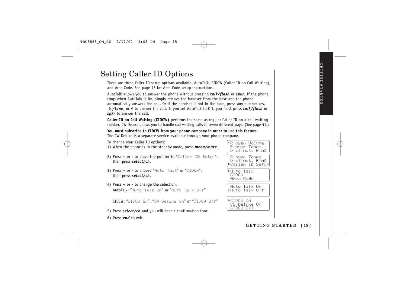 Setting caller id options | Uniden Cordless Telephon User Manual | Page 16 / 57