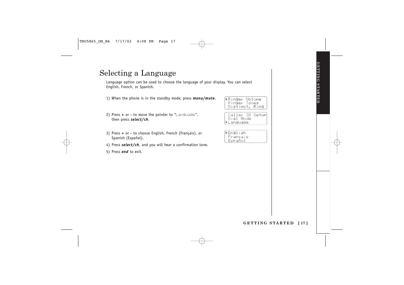 Selecting a language | Uniden Cordless Telephon User Manual | Page 18 / 57