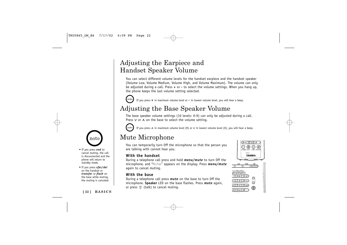 Adjusting the earpiece and handset speaker volume, Adjusting the base speaker volume, Mute microphone | Uniden Cordless Telephon User Manual | Page 23 / 57