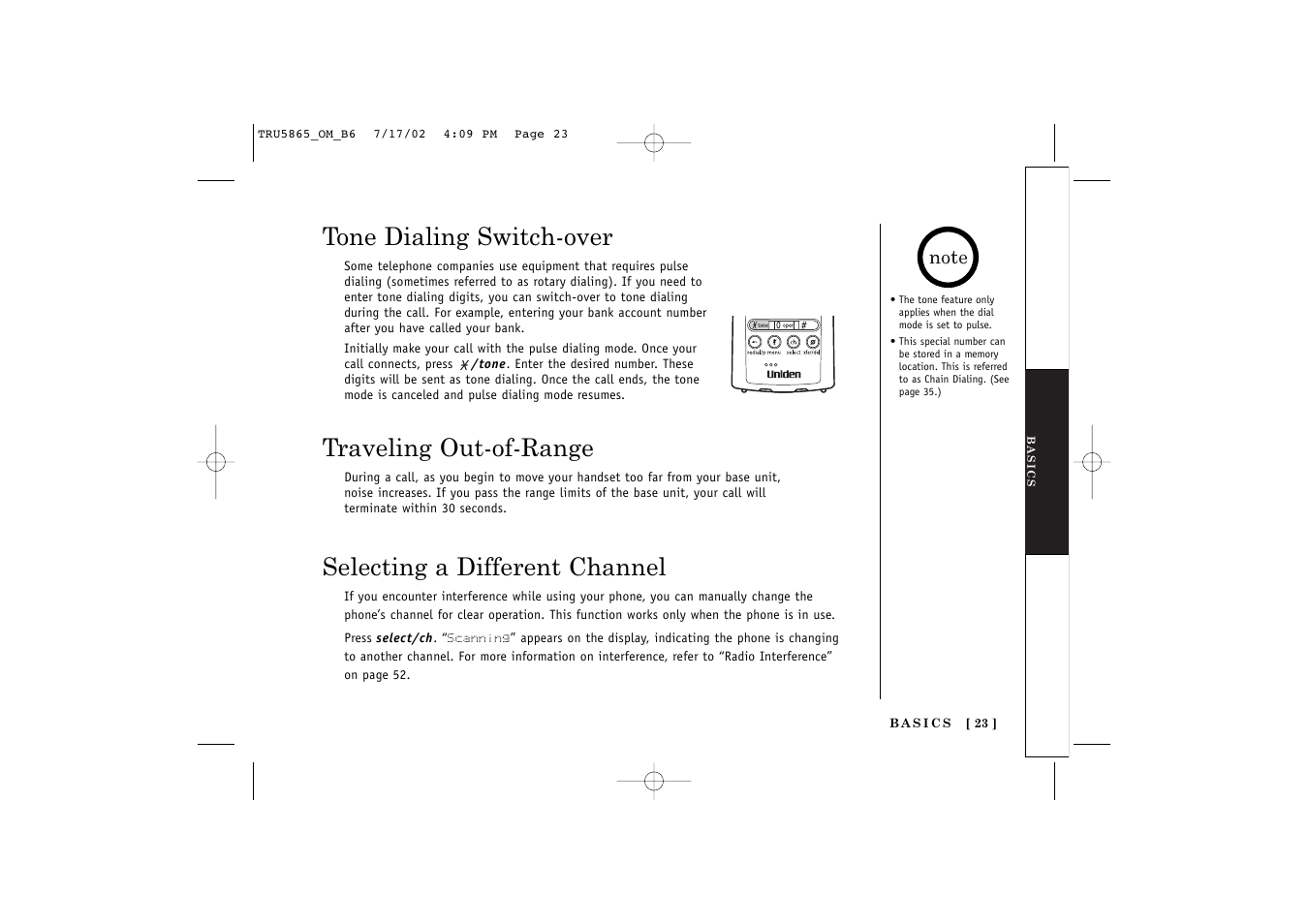 Tone dialing switch-over, Traveling out-of-range, Selecting a different channel | Uniden Cordless Telephon User Manual | Page 24 / 57