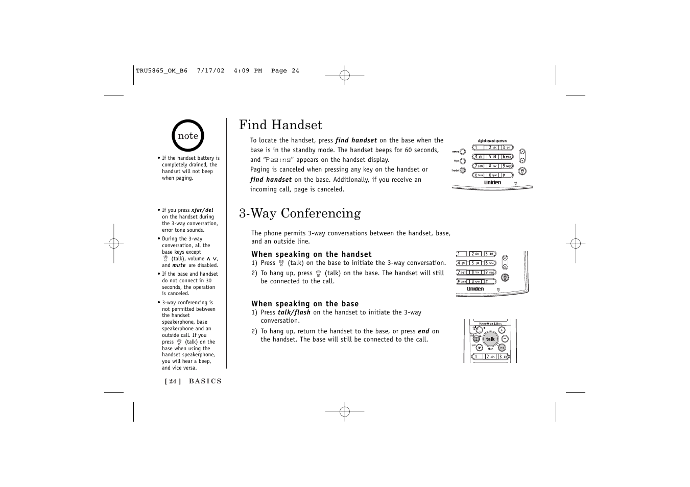 Way conferencing, Find handset | Uniden Cordless Telephon User Manual | Page 25 / 57