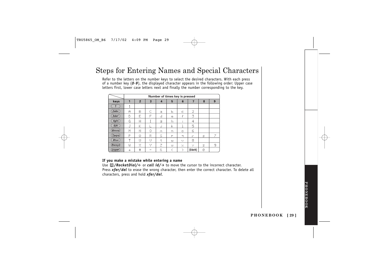 Steps for entering names and special characters | Uniden Cordless Telephon User Manual | Page 30 / 57