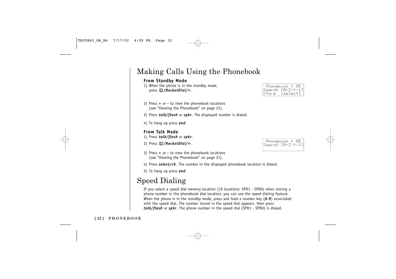 Making calls using the phonebook, Speed dialing | Uniden Cordless Telephon User Manual | Page 33 / 57