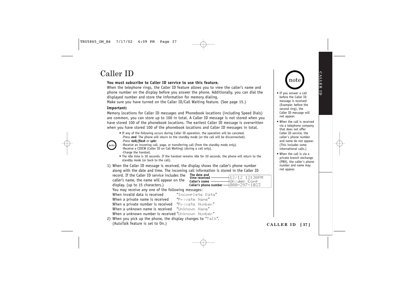 Caller id | Uniden Cordless Telephon User Manual | Page 38 / 57