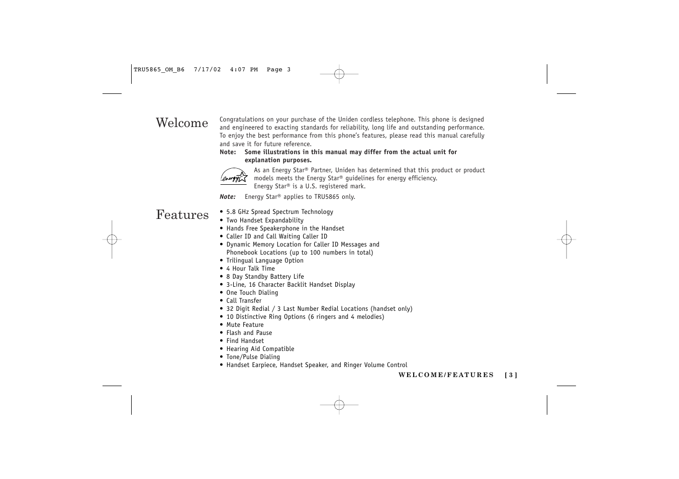 Welcome features | Uniden Cordless Telephon User Manual | Page 4 / 57