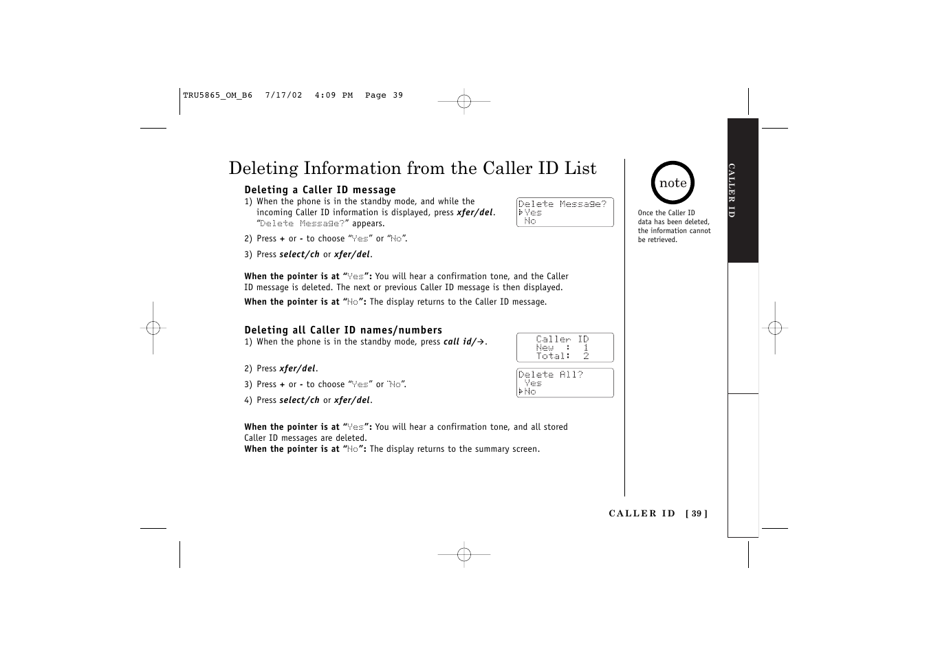 Deleting information from the caller id list | Uniden Cordless Telephon User Manual | Page 40 / 57