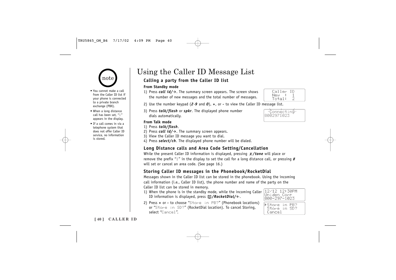 Using the caller id message list | Uniden Cordless Telephon User Manual | Page 41 / 57
