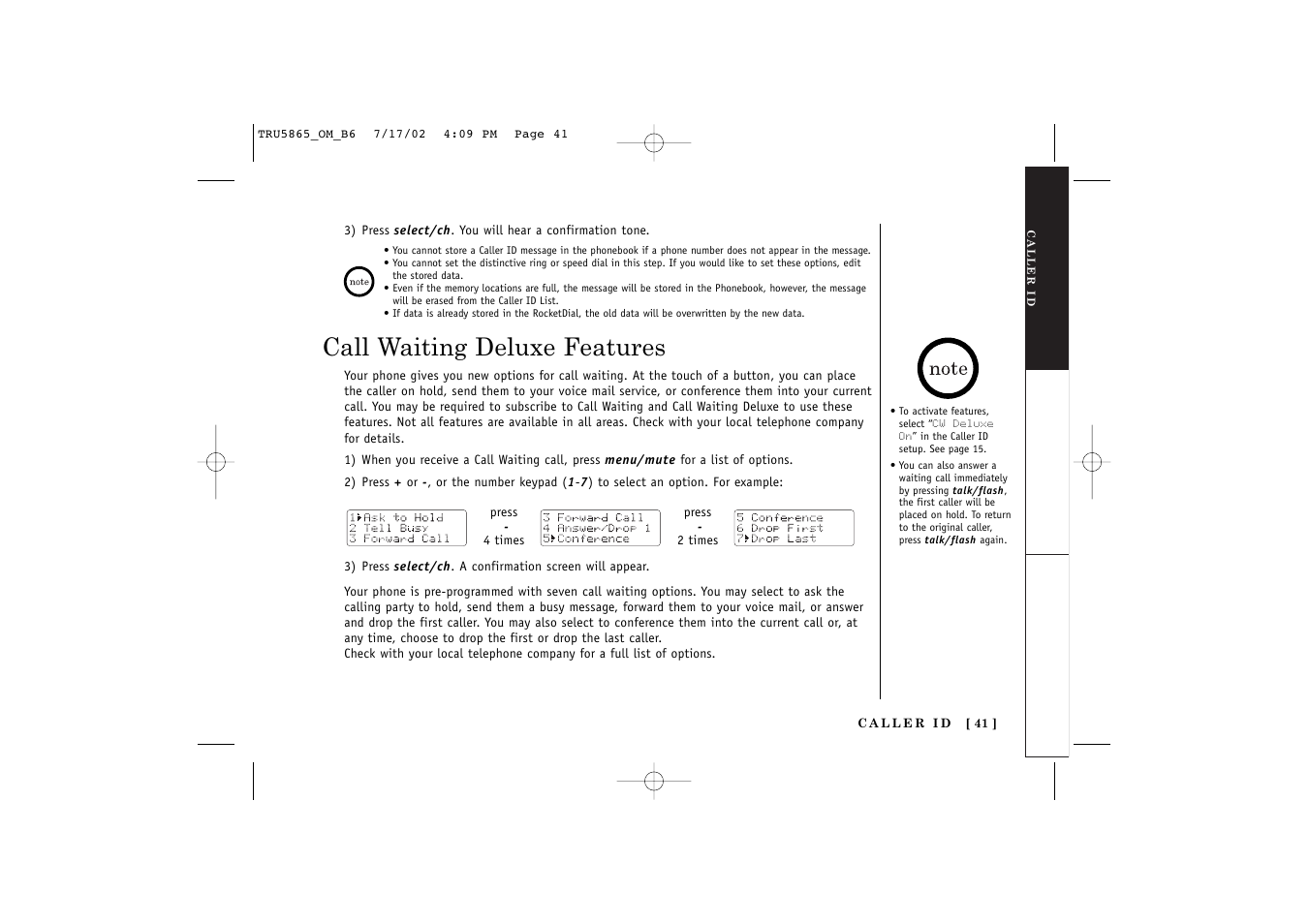 Call waiting deluxe features | Uniden Cordless Telephon User Manual | Page 42 / 57